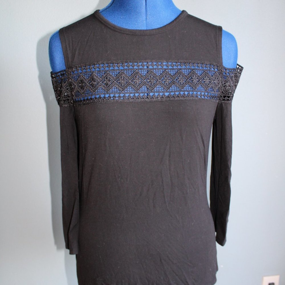 YYIGAL Women's Black Cold Shoulder Long Sleeve Blouse ~S~